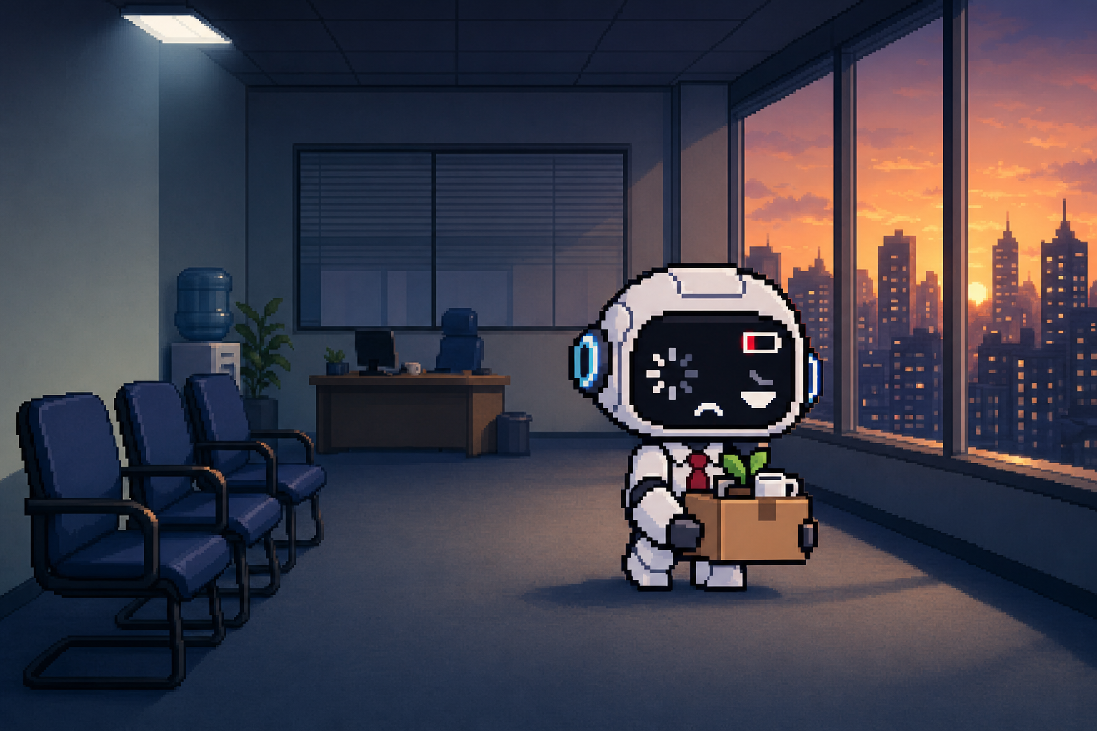 The robot standing in an empty office at sunset, holding its box of belongings